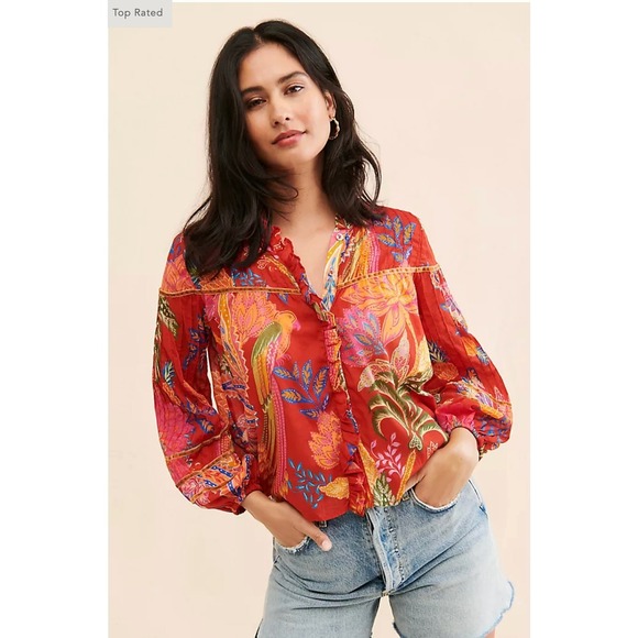 FARM Rio Mystic Bush Ruffled Blouse Floral Bird Print Button Front Ruffled Red M - Picture 4 of 16